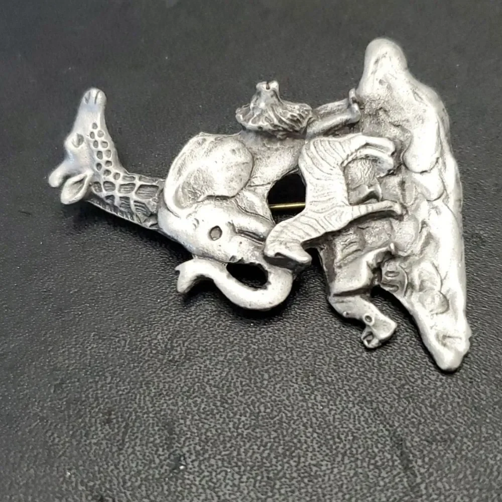 NRJG vintage giraffe zebra lion brooch silver tone